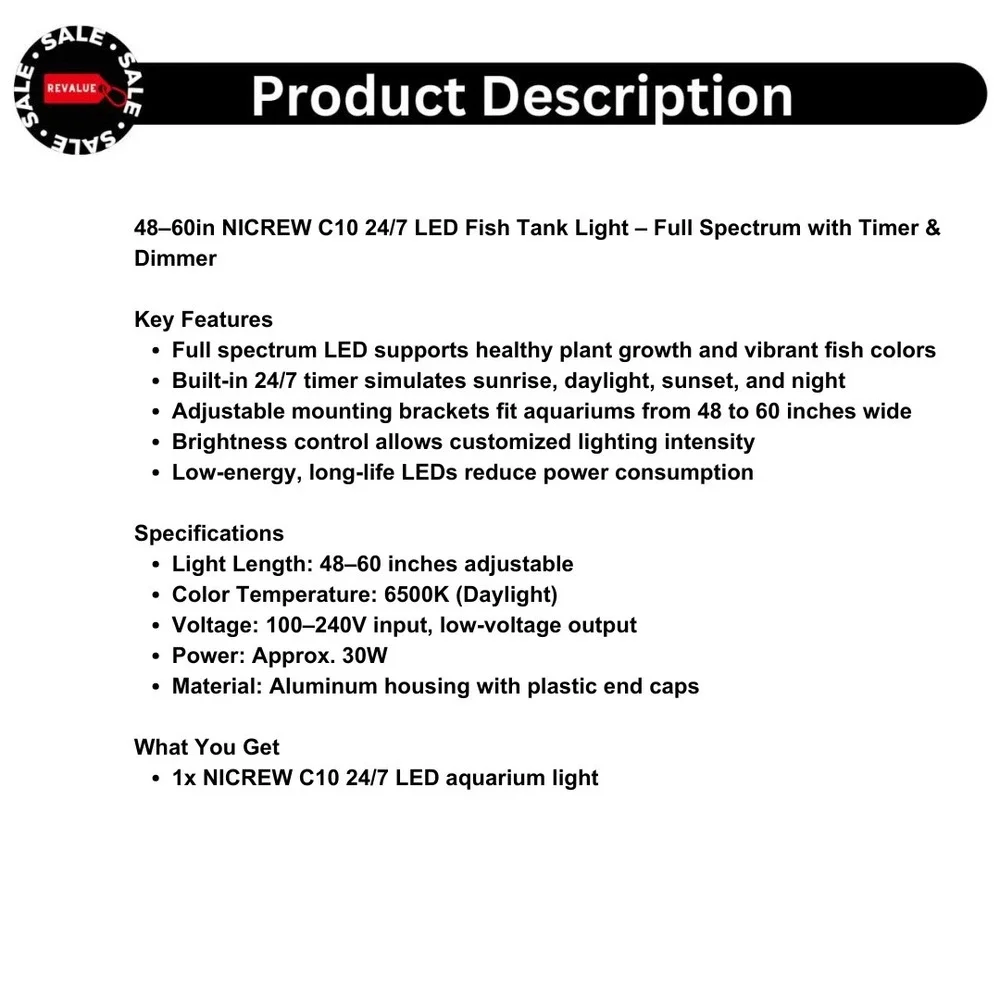 48–60in NICREW‎ C10 24/7 LED Fish Tank Light – Full Spectrum with Timer & Dimmer